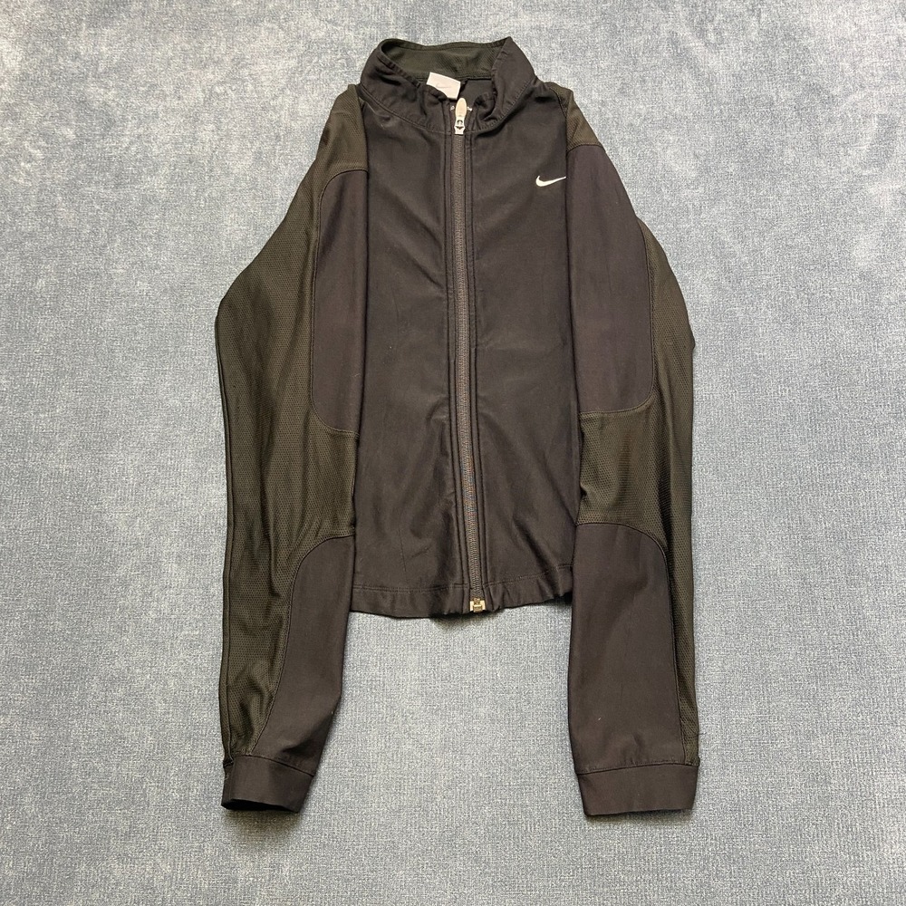 Nike Dri Fit Athletic Jacket Womens S 4-6 Black Swoosh Logo Full Zip Mesh Panel